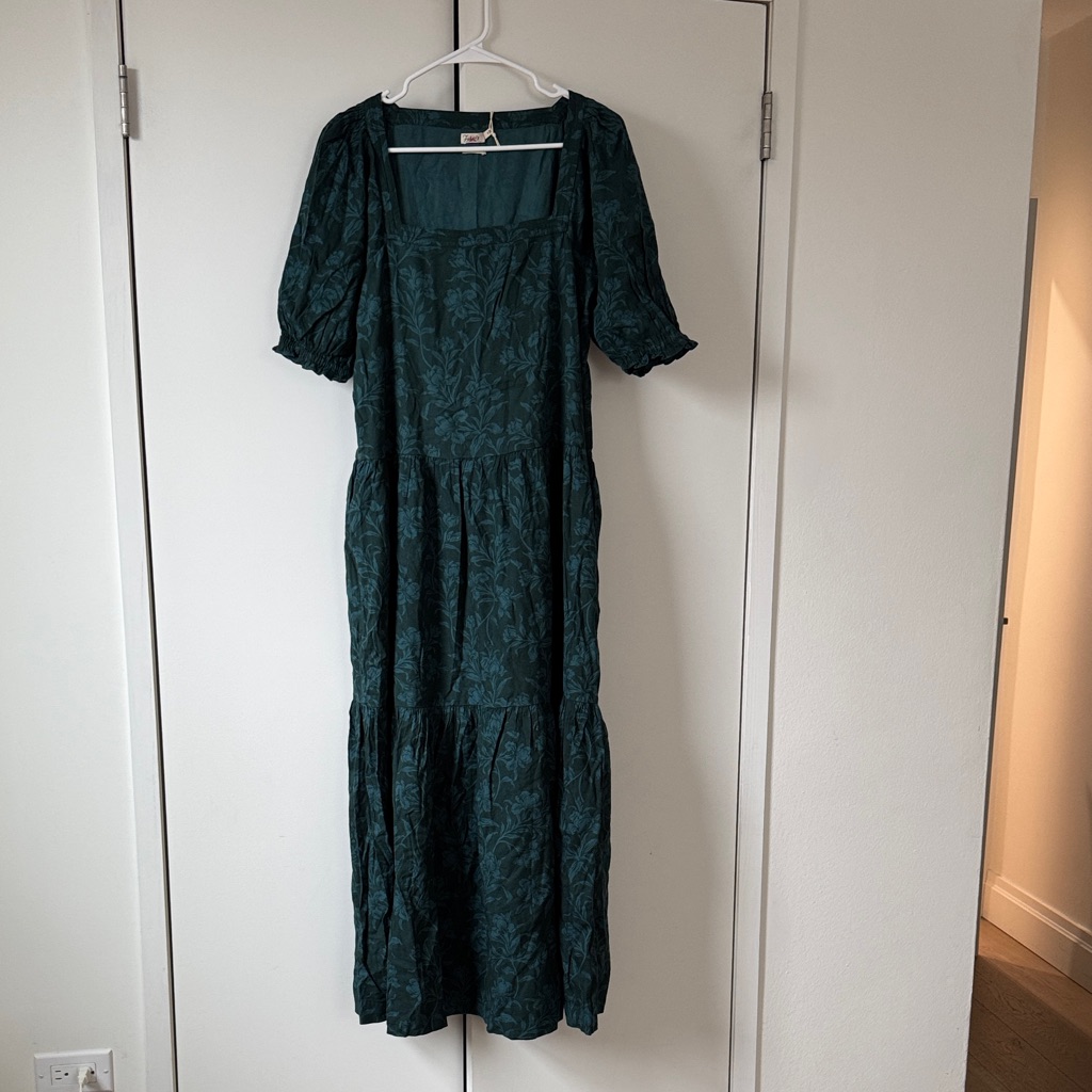 Faherty Dark Green Tiered Midi Dress Puff Sleeve Square Neck Dress